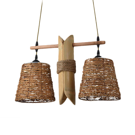 Odile - Farmhouse Rope Barrel Chandelier: Beige Pendant Lamp With Bamboo Panel