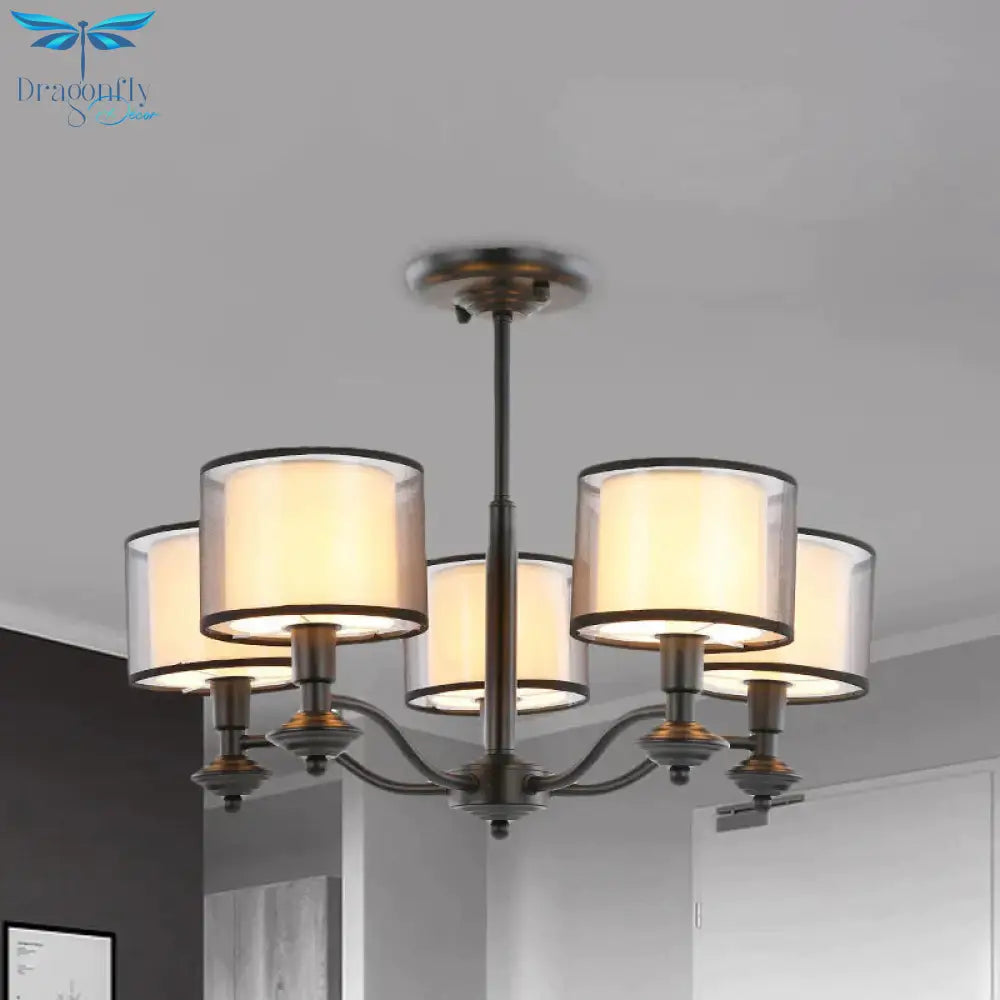 5/6 Bulbs Pendant Chandelier Traditional Double Drum Fabric Hanging Ceiling Light In Black For