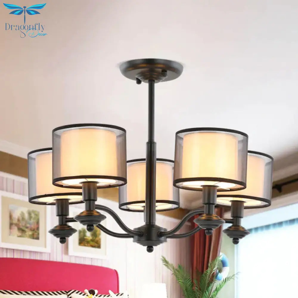 5/6 Bulbs Pendant Chandelier Traditional Double Drum Fabric Hanging Ceiling Light In Black For