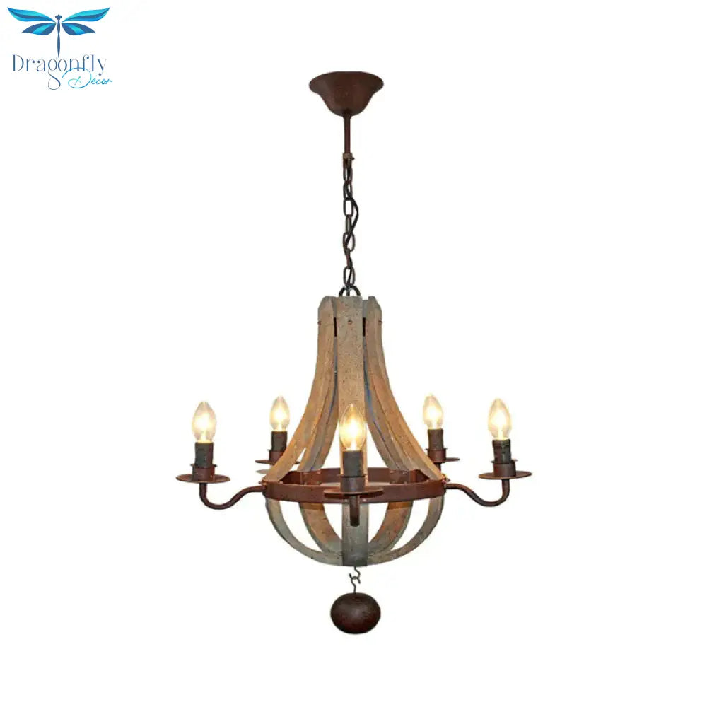 5/6 Lights Chandelier Lighting Fixture Rustic Wine Barrel Wood Hanging Light In Brown For Bedroom