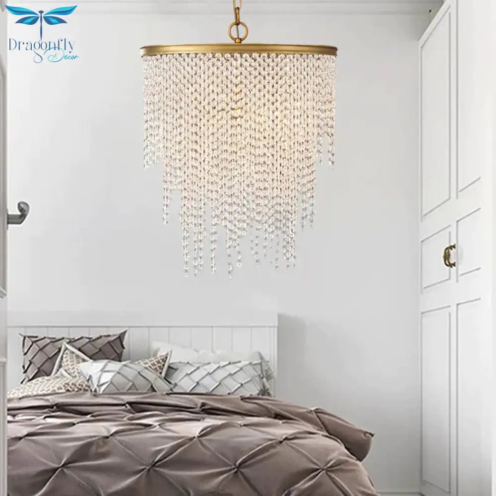 5/6 Lights Waterfall Chandelier Light Rural Brass Crystal Suspension Pendant For Bedroom