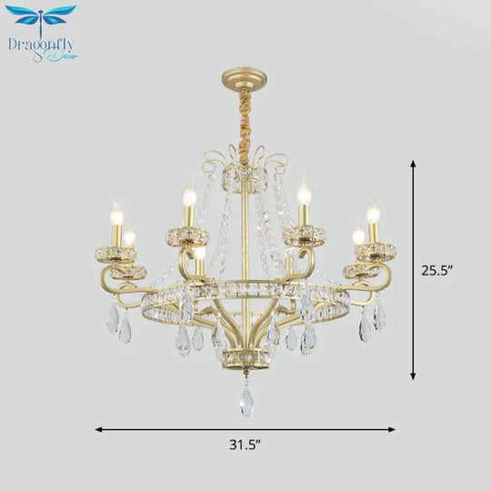 5/8 Bulbs Candle Chandelier Lamp Rustic Gold Crystal Prism Pendant Light Fixture For Living Room