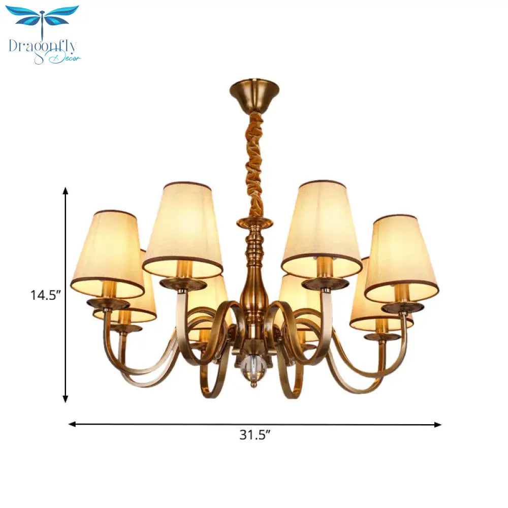 5/8 Heads Chandelier Lighting Fixture With Conical Shade Fabric Vintage Living Room Hanging Pendant