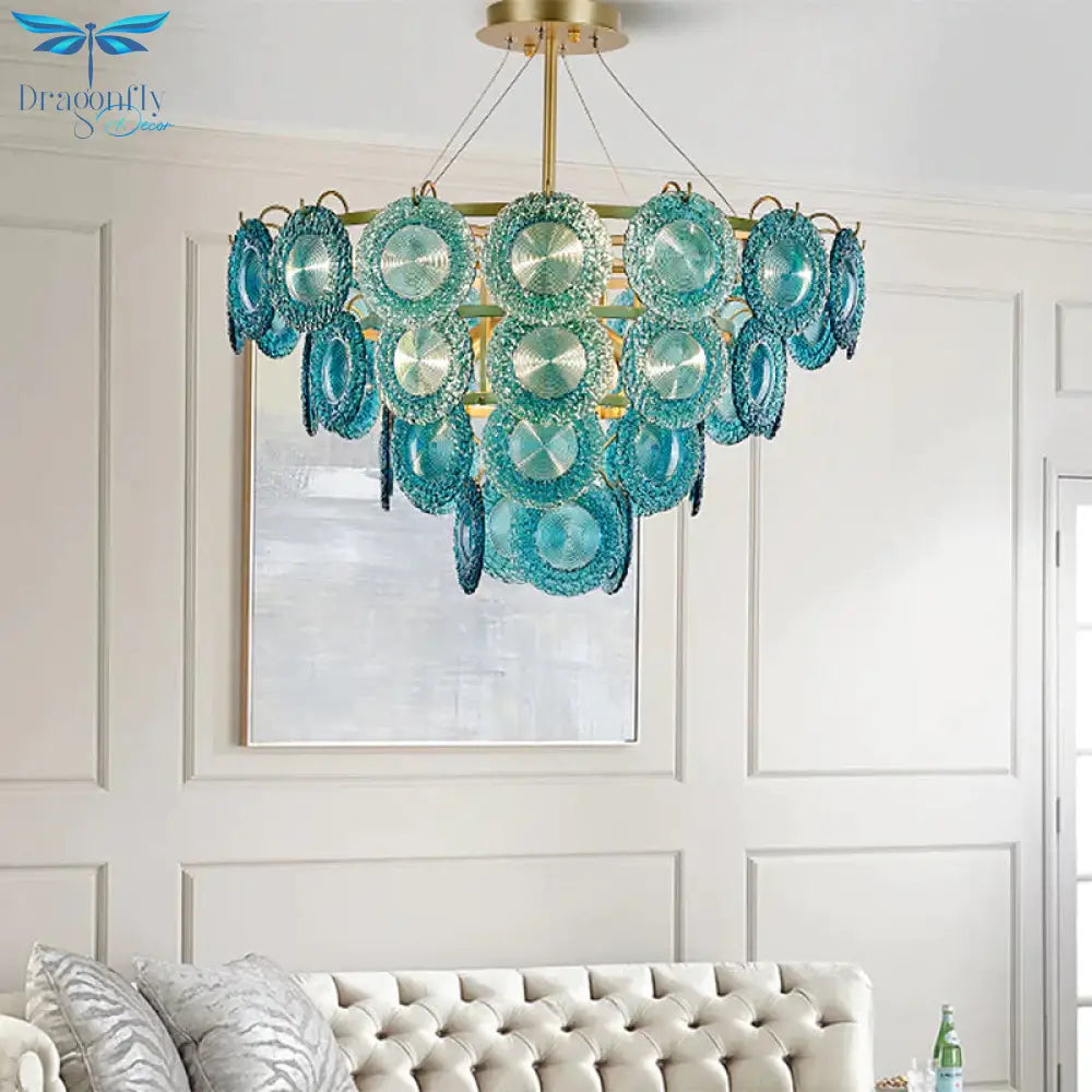 5/8 Lights Bedroom Chandelier Lighting Rustic Blue Pendant Lamp With Conical Crystal Shade