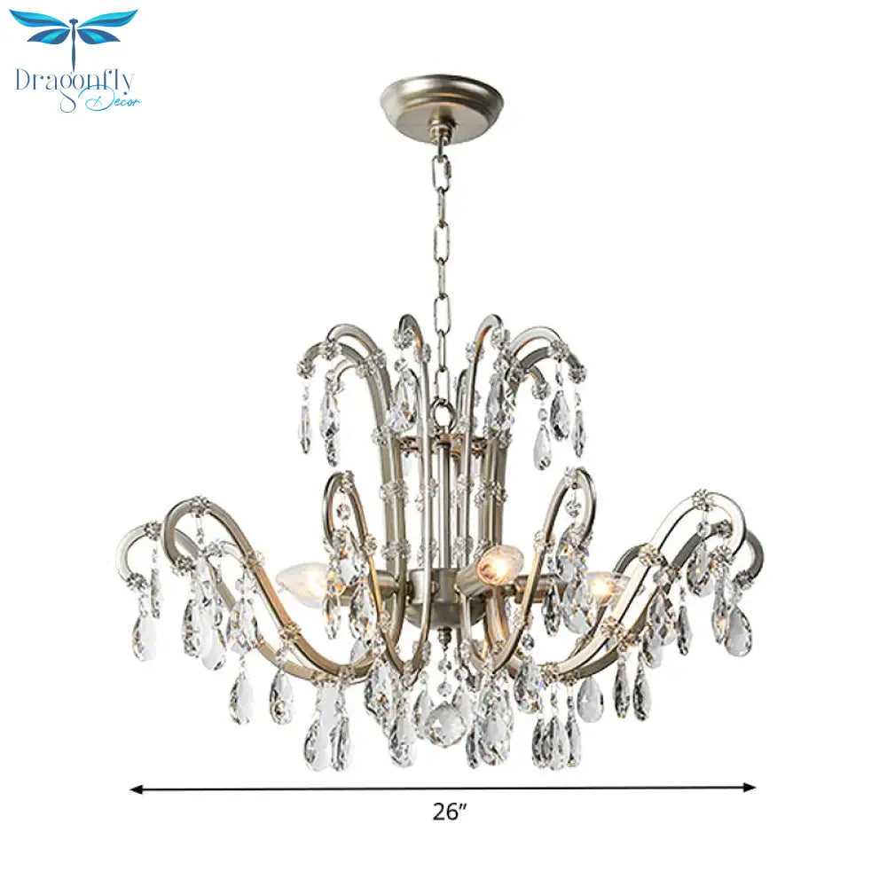 5/8 Lights Chandelier Minimalism Swooping Arm Crystal Pendant Light Kit In Aged Silver