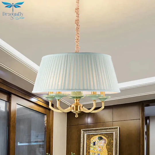 5 - Bulb Chandelier Light Fixture Retro Style Pleated Shade Fabric Drop Pendant In Brass