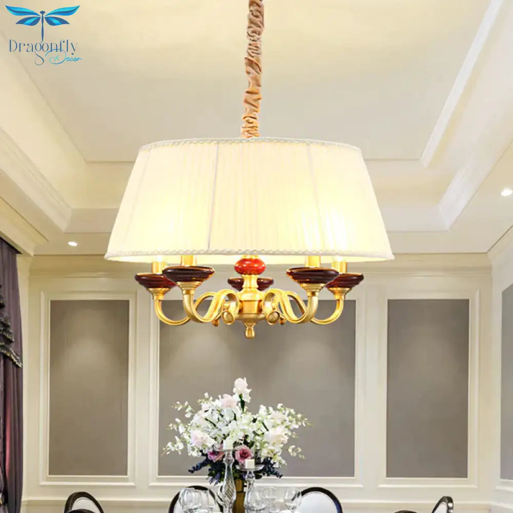 5 - Bulb Drum Chandelier Countryside White Finish Fabric Pendant Lamp With Curved Arm