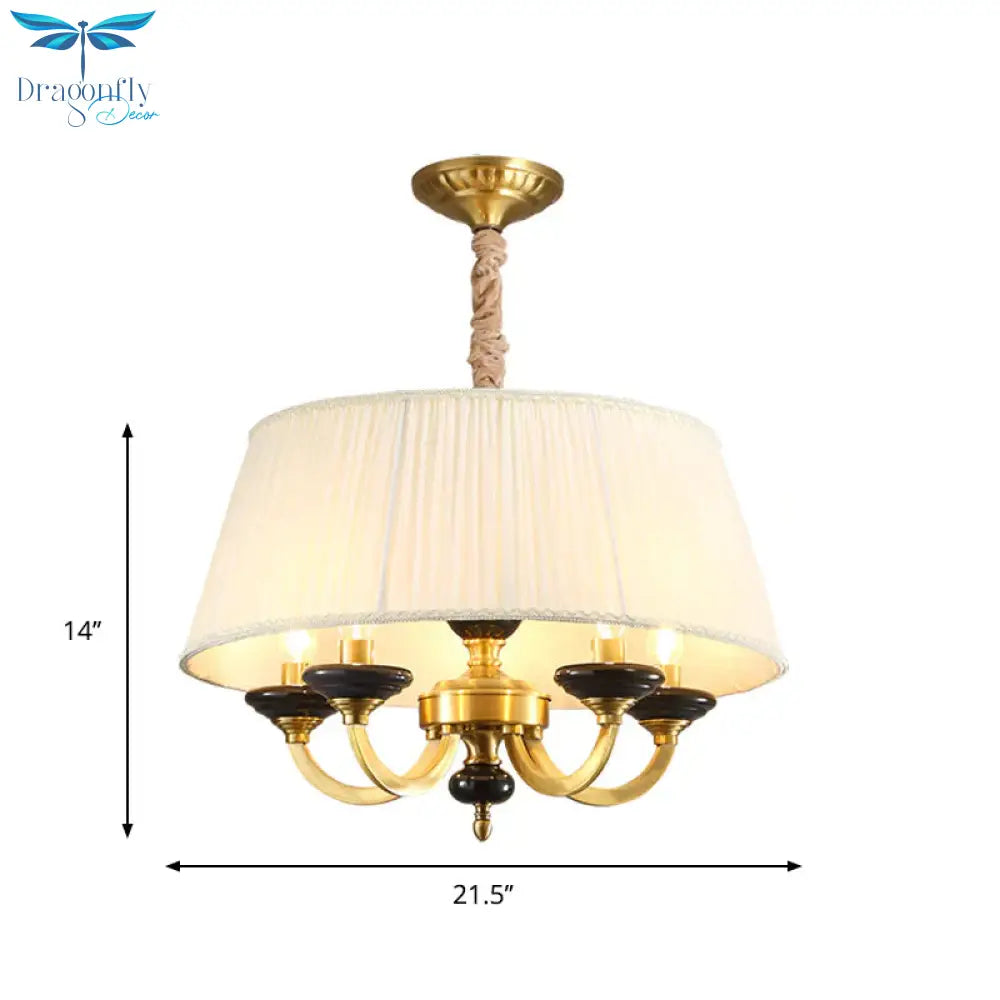 5 - Bulb Drum Chandelier Countryside White Finish Fabric Pendant Lamp With Curved Arm