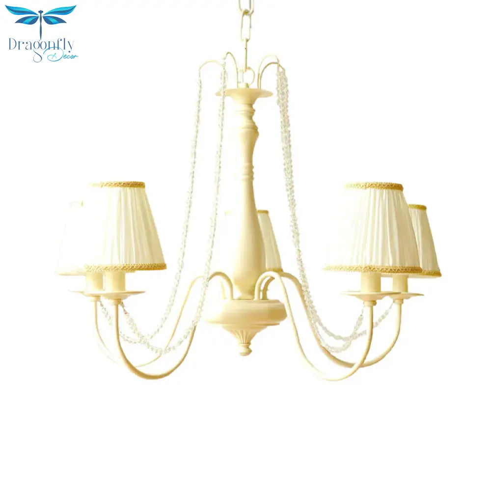 5 Bulbs Crystal Chandelier Pleated Shade Brown/White Living Room Pendant Lighting Fixture