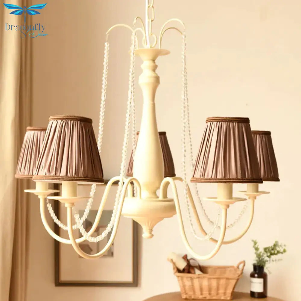 5 Bulbs Crystal Chandelier Pleated Shade Brown/White Living Room Pendant Lighting Fixture