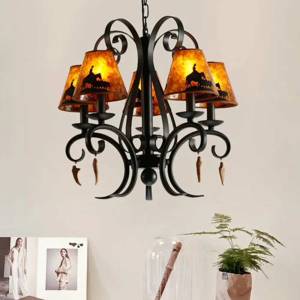 5 Bulbs Dining Room Ceiling Lamp Country Metal Black Chandelier Pendant Light With Cone Fabric Shade