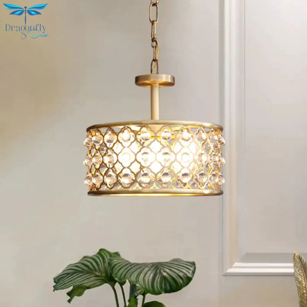 5 Bulbs Drum Chandelier Light Traditional Brass Metal Pendant Lighting Fixture With Clear Crystal