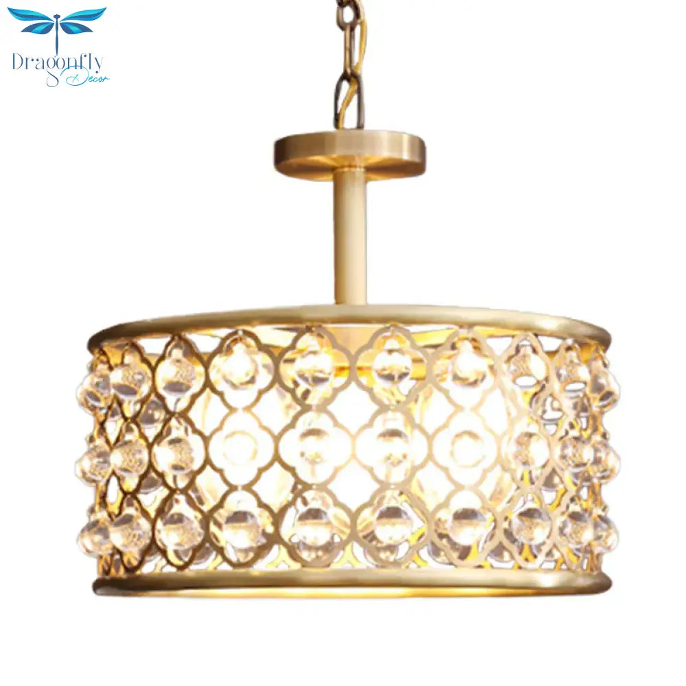 5 Bulbs Drum Chandelier Light Traditional Brass Metal Pendant Lighting Fixture With Clear Crystal