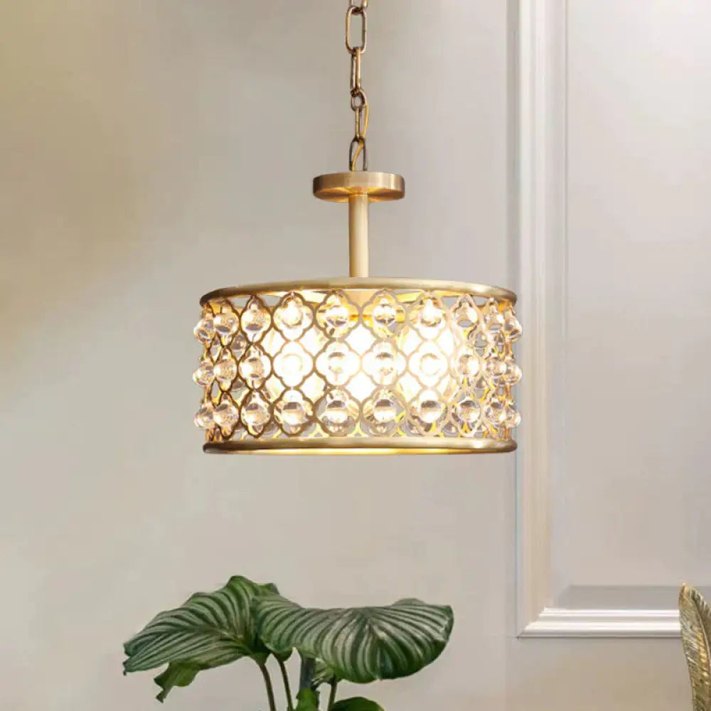 5 Bulbs Drum Chandelier Light Traditional Brass Metal Pendant Lighting Fixture With Clear Crystal