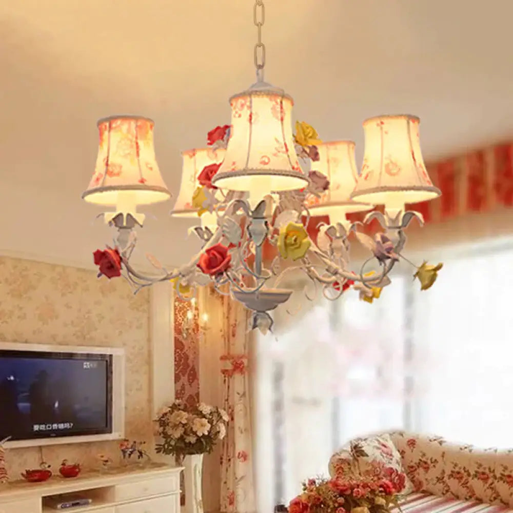5 Heads Floral Print Fabric Chandelier Countryside White - Red Flared Living Room Hanging Pendant