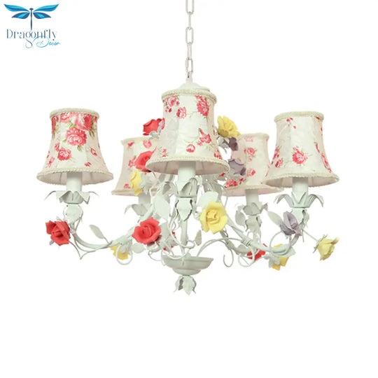 5 Heads Floral Print Fabric Chandelier Countryside White - Red Flared Living Room Hanging Pendant