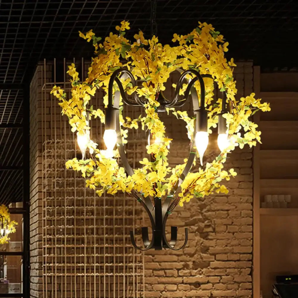 5 Heads Iron Pendant Chandelier Traditional Black Flower Basket Restaurant Suspension Ceiling Light
