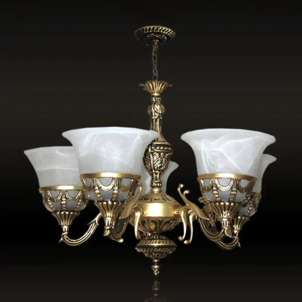 5 Lights Bell Up Chandelier Traditional Bronze Alabaster Glass Hanging Lamp For Dining Room