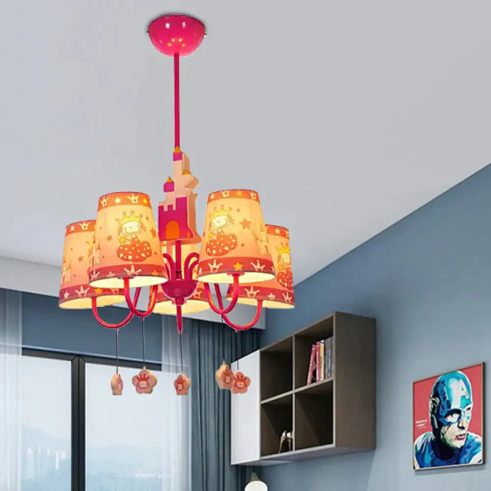 5 Lights Castle Chandelier With Princess Kids Metal Hanging Light In Pink For Girls Bedroom
