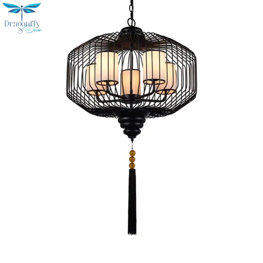 5 Lights Dining Room Hanging Chandelier Classic Black Pendant Light With Cylinder Fabric Shade