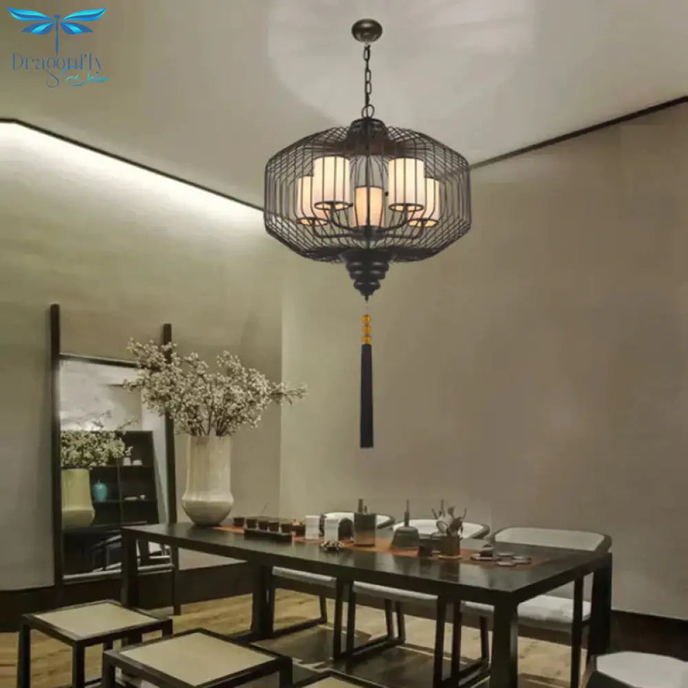5 Lights Dining Room Hanging Chandelier Classic Black Pendant Light With Cylinder Fabric Shade