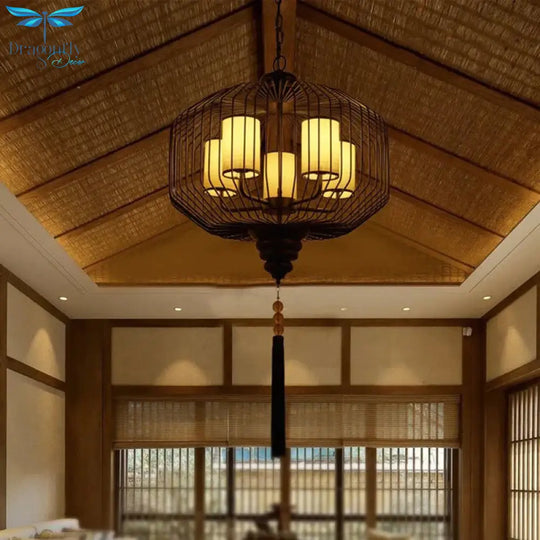 5 Lights Dining Room Hanging Chandelier Classic Black Pendant Light With Cylinder Fabric Shade