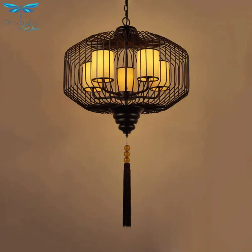 5 Lights Dining Room Hanging Chandelier Classic Black Pendant Light With Cylinder Fabric Shade