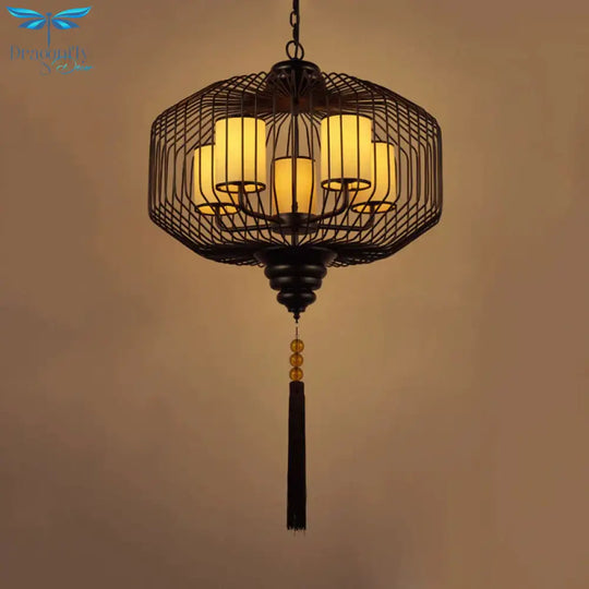 5 Lights Dining Room Hanging Chandelier Classic Black Pendant Light With Cylinder Fabric Shade