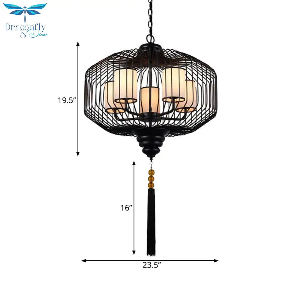 5 Lights Dining Room Hanging Chandelier Classic Black Pendant Light With Cylinder Fabric Shade