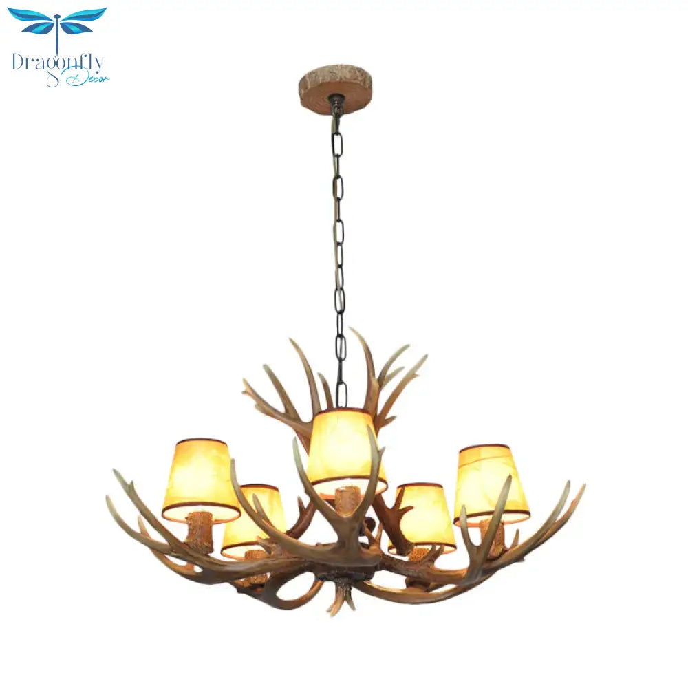 5 Lights Resin Chandelier Lamp Classic White/Brown And Yellow Antler Dining Room Hanging Ceiling