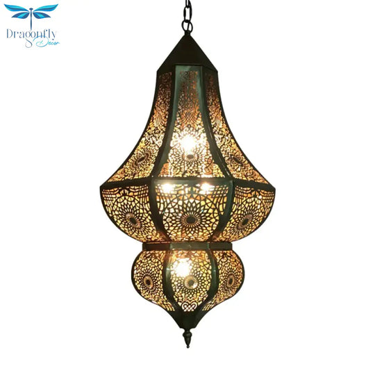 5 Lights Urn Pendant Chandelier Vintage Brass Metal Arab Hanging Lamp With Hollow Out Design
