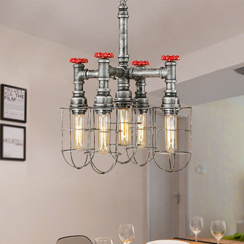 Bailey - Silver 5 - Head Hanging Lighting Chandelier Pendant With Cage