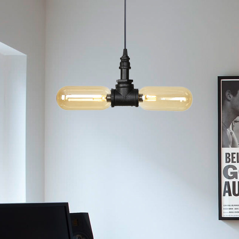 Stella - Amber Glass Black Suspension Light Pill Capsule 2 - Light Industrial Led / C