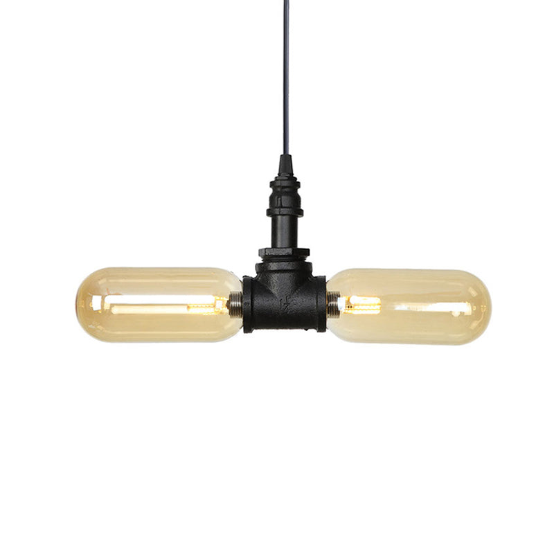 Stella - Amber Glass Black Suspension Light Pill Capsule 2 - Light Industrial Led