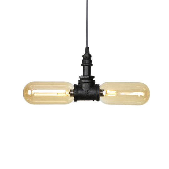 Stella - Amber Glass Black Suspension Light Pill Capsule 2 - Light Industrial Led