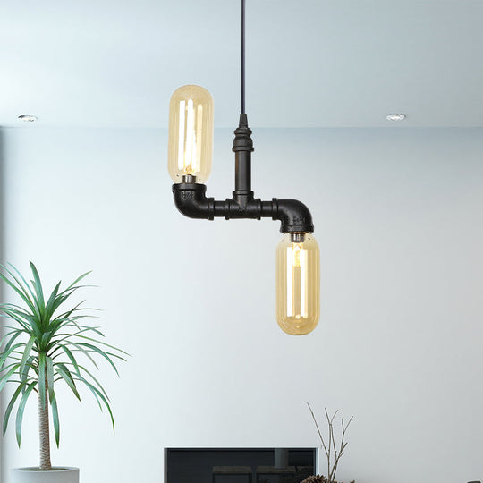 Stella - Amber Glass Black Suspension Light Pill Capsule 2 - Light Industrial Led / A