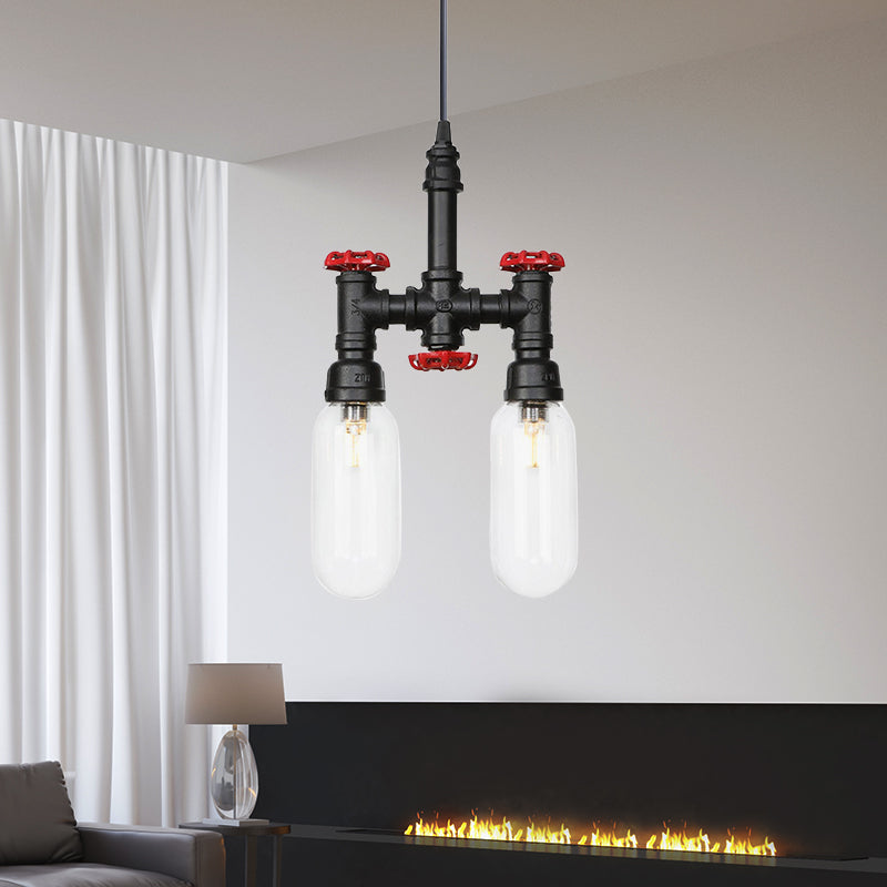 Sasin - Industrial Iron Chandelier With Black Piping And Clear Glass Shade