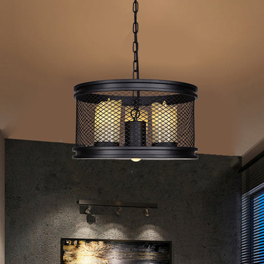 Marina - Industrial Black Drum Shade Chandelier Metal And Resin 3 - Light Living Room Pendant