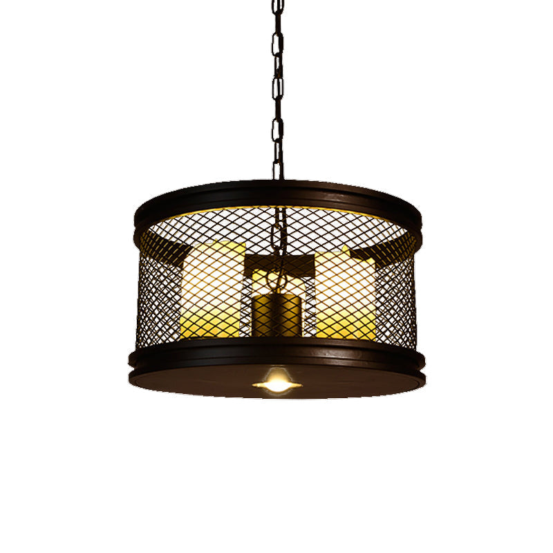 Marina - Industrial Black Drum Shade Chandelier Metal And Resin 3 - Light Living Room Pendant