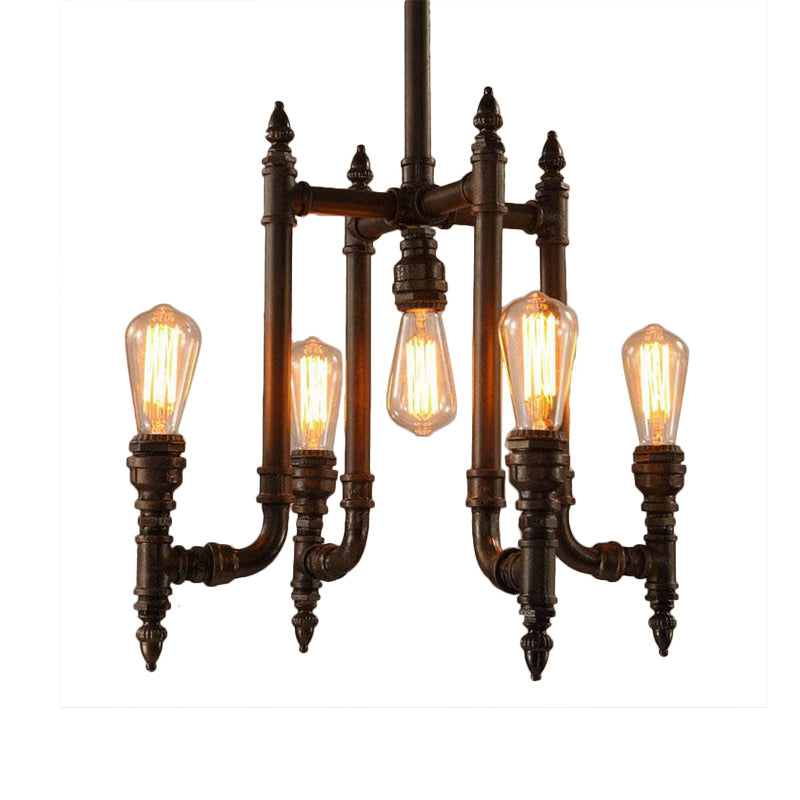 Victoire - Rust 5 Bulbs Chandelier Lighting Antiqued Metallic Radial Pipe Ceiling Hang Fixture For