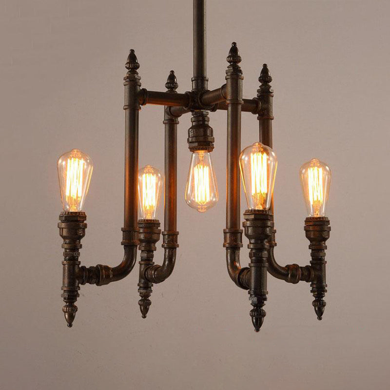 Victoire - Rust 5 Bulbs Chandelier Lighting Antiqued Metallic Radial Pipe Ceiling Hang Fixture For