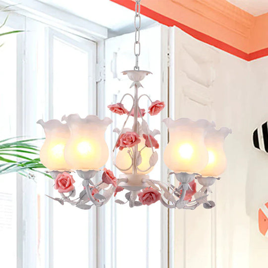 Flower White Glass Chandelier Light Pastoral 5 Bulbs Dining Room Pendant Lighting Fixture In Pink