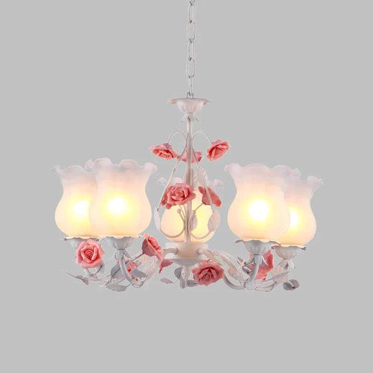 Flower White Glass Chandelier Light Pastoral 5 Bulbs Dining Room Pendant Lighting Fixture In Pink