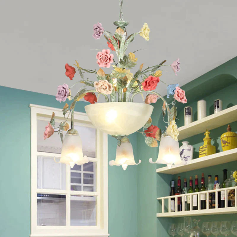 Metal Green Chandelier Lighting Fixture Rose 7/10 Bulbs Korean Garden Led Hanging Ceiling Light For