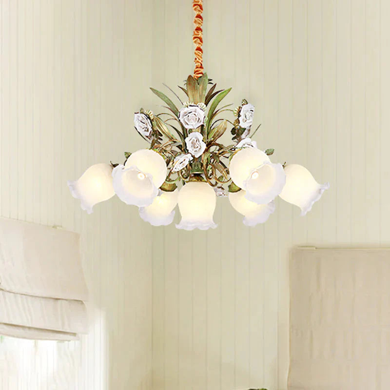 Floral Bedroom Chandelier Light Pastoral Metal 4/7 Heads Green Ceiling Lamp With Rose Decoration 7 /