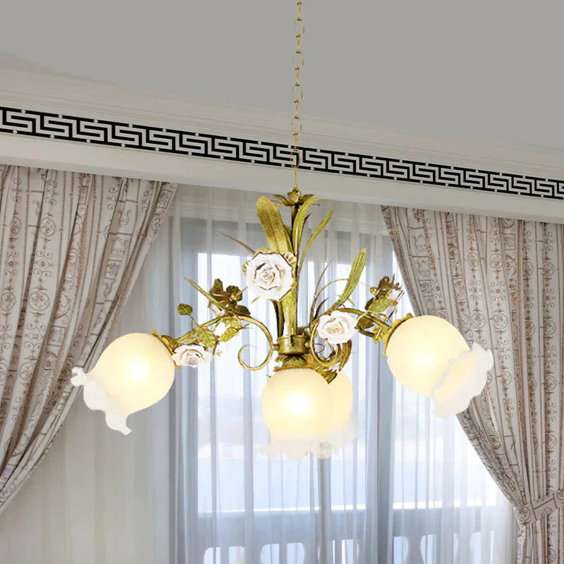Floral Bedroom Chandelier Light Pastoral Metal 4/7 Heads Green Ceiling Lamp With Rose Decoration