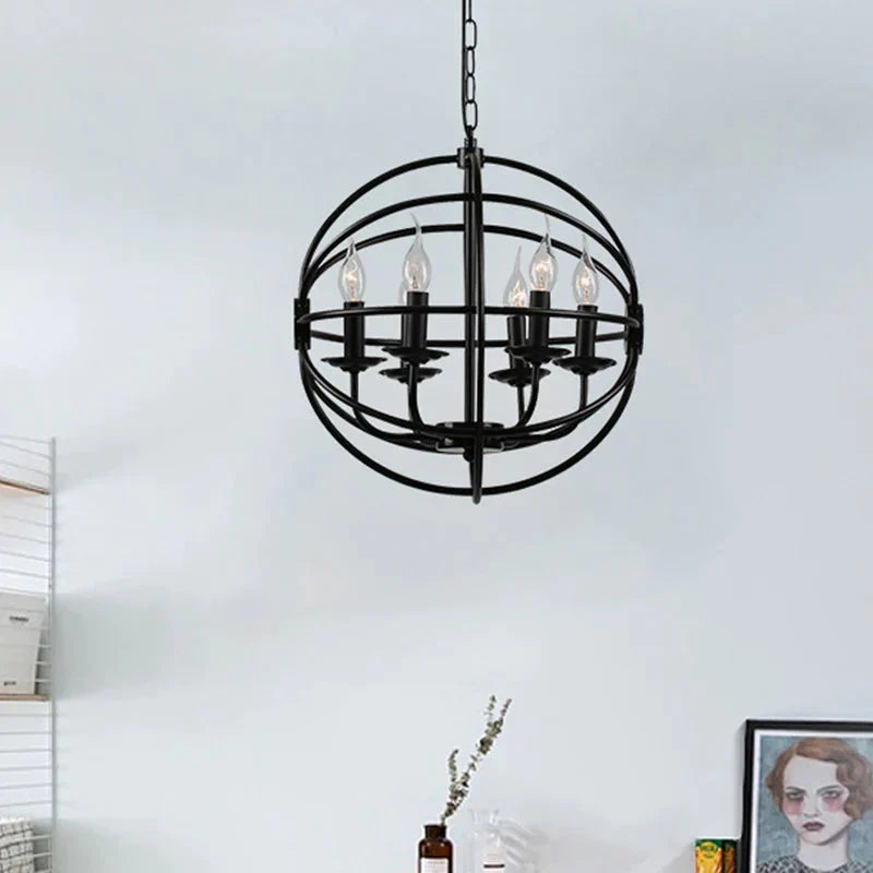 6 Lights Candle Chandelier Classic Black Metal Pendant Light Fixture For Dining Room With Globe