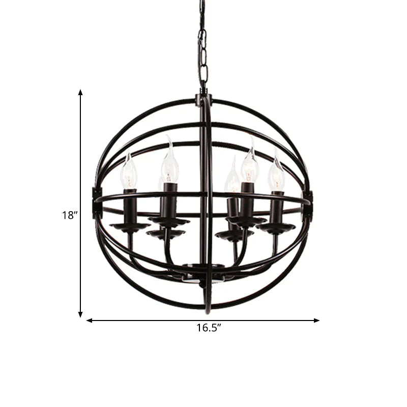 6 Lights Candle Chandelier Classic Black Metal Pendant Light Fixture For Dining Room With Globe