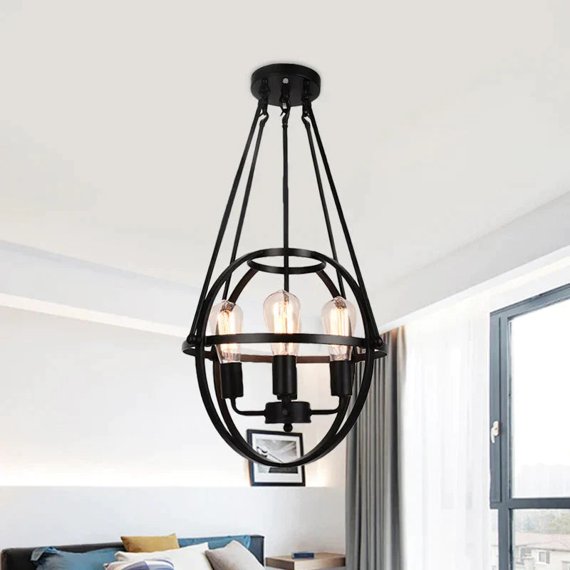 Spherical Metal Chandelier Light Traditional 3 Lights Dining Room Pendant Lighting In Black