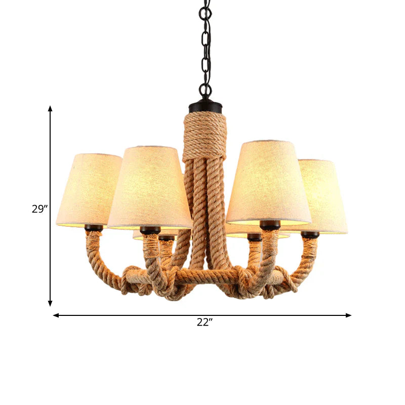 Beige 6 Lights Pendant Chandelier Classic Fabric And Rope Tapered Hanging Light For Dining Room